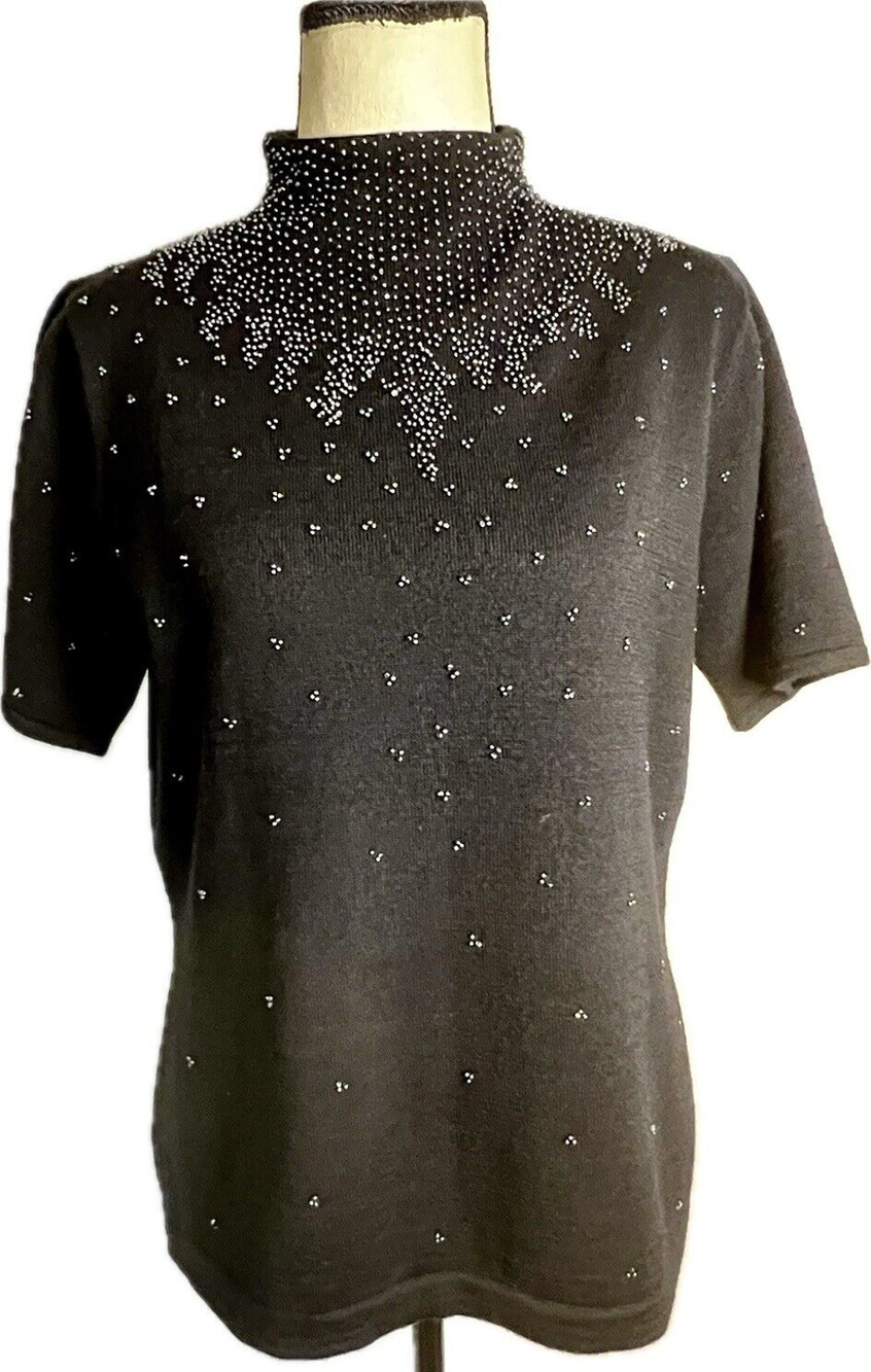 Vintage Doncaster Beaded Wool Mock Neck Sweater Hong Kong Short Sleeve Women Med